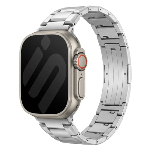 Refined Titanium Strap, silver, on a watch, 3/4 front view