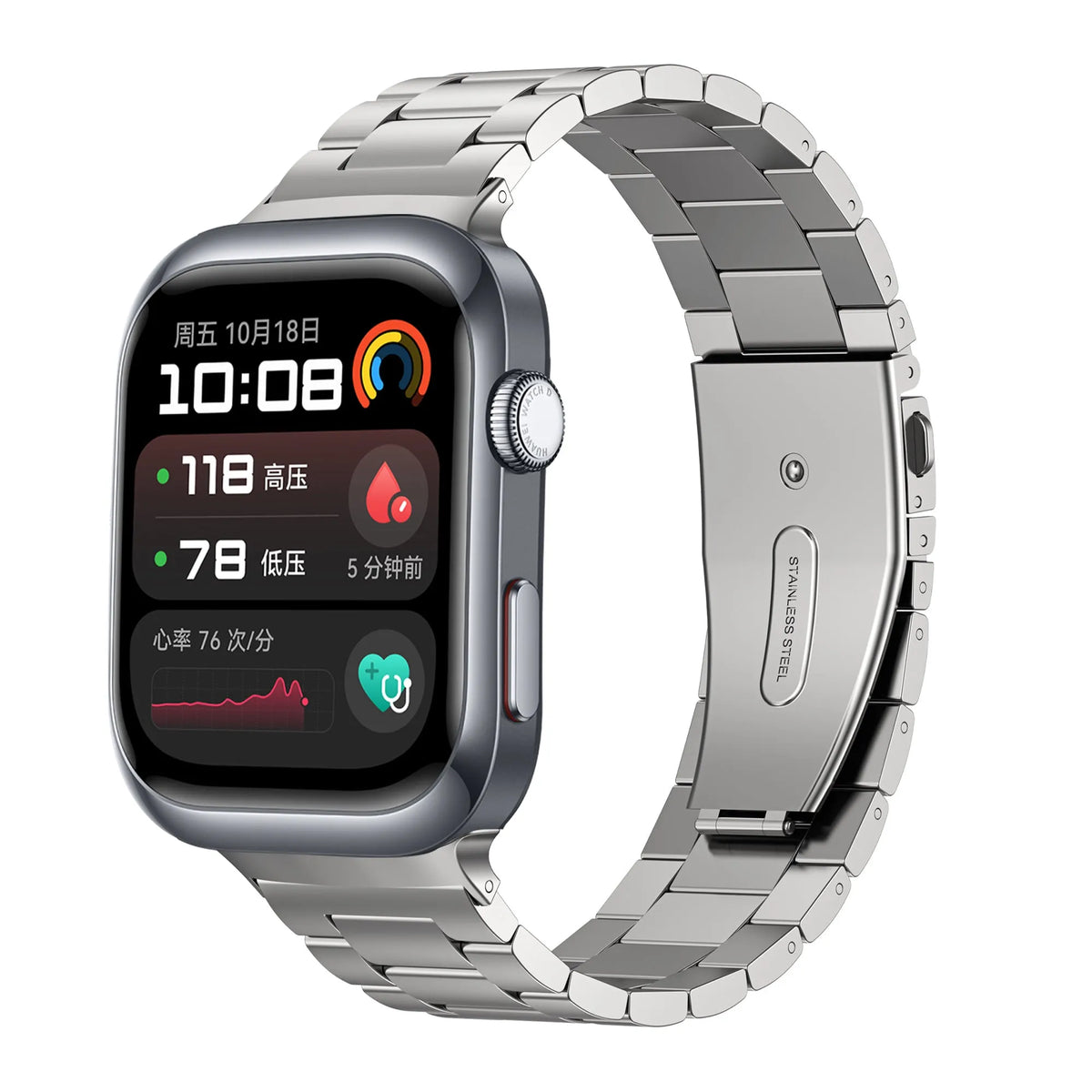 Steel Strap, silver, on a watch, 3/4 front view