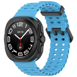 Silicone Ocean Strap, light blue, on a watch, 3/4 front view