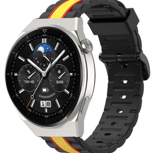 Silicone Special Edition Strap, black/yellow, on a watch, 3/4 front view