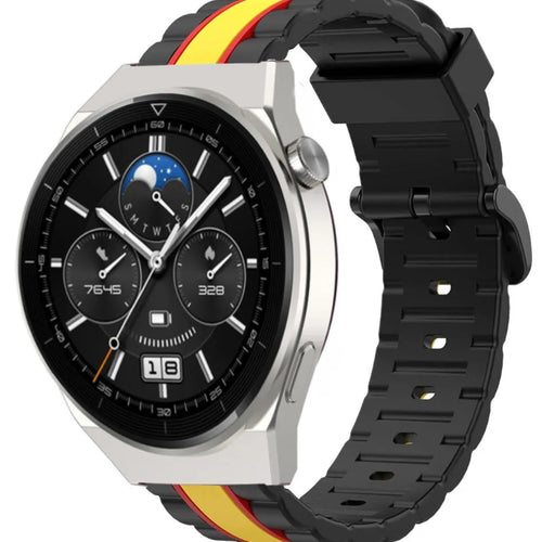 Silicone Special Edition Strap, black/yellow, on a watch, 3/4 front view