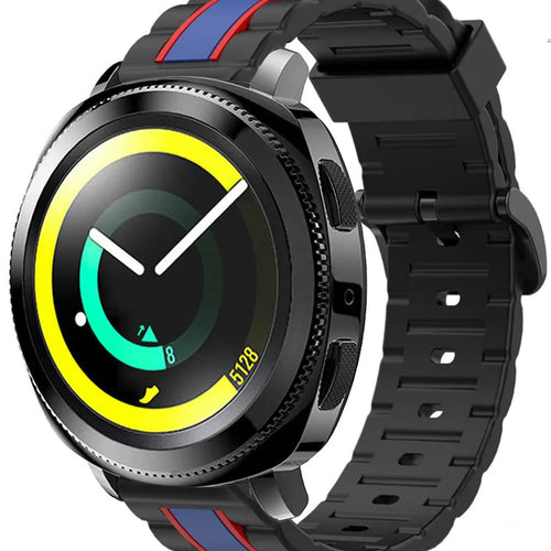Silicone Special Edition Strap, black/blue, on a watch, 3/4 front view