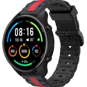 Silicone Special Edition Strap, black/red, on a watch, 3/4 front view