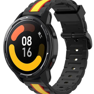 Silicone Special Edition Strap, black/yellow, on a watch, 3/4 front view