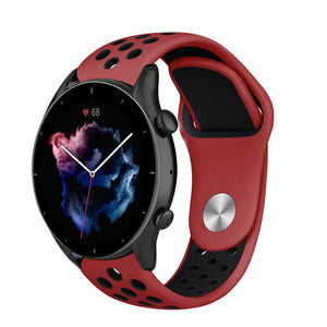Silicone Sport Strap, red/black, on a watch, 3/4 front view