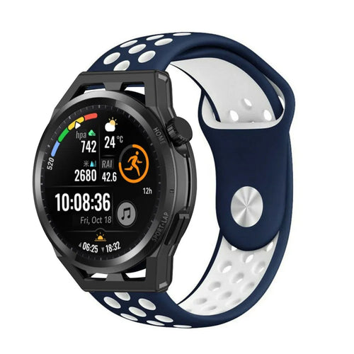 Silicone Sport Strap, blue/white, on a watch, 3/4 front view