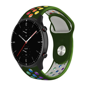 Silicone Sport Strap, army green/colourful, on a watch, 3/4 front view