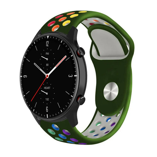Silicone Sport Strap, army green/colourful, on a watch, 3/4 front view