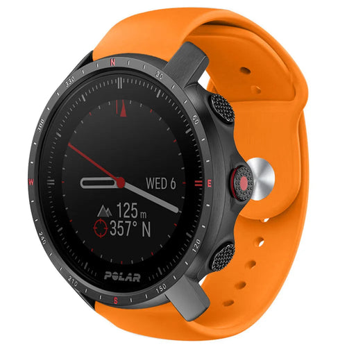 Silicone Sport Strap, orange, on a watch, 3/4 front view