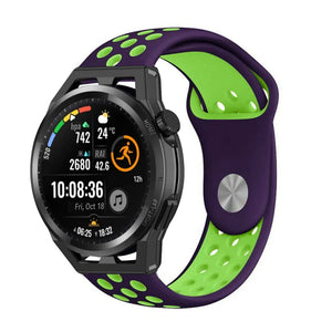 Silicone Sport Strap, purple/green, on a watch, 3/4 front view