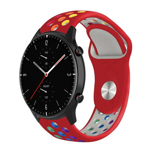 Silicone Sport Strap, red/colourful, on a watch, 3/4 front view