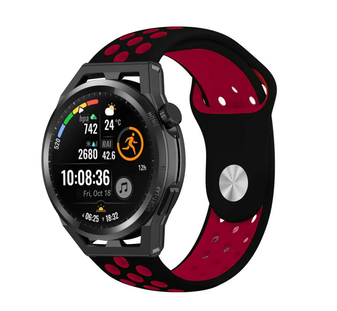 Silicone Sport Strap, black/red, on a watch, 3/4 front view