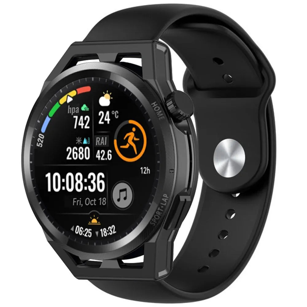 Silicone Sport Strap, black, on a watch, 3/4 front view