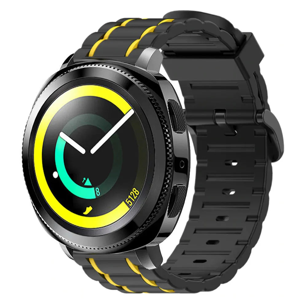 Silicone Strap 'Tough', black/yellow, on a watch, 3/4 front view