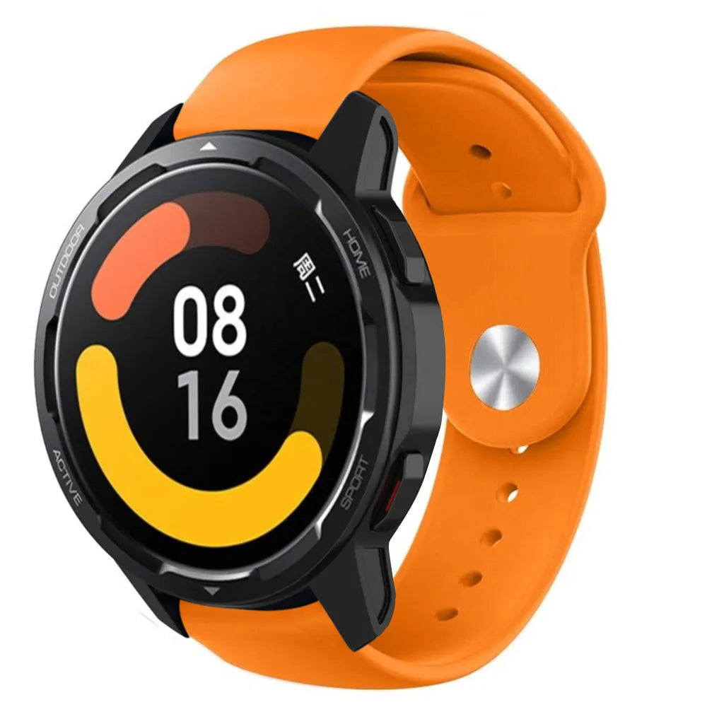 Silicone Sport Strap, orange, on a watch, 3/4 front view