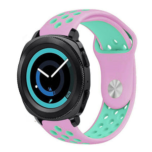 Silicone Sport Strap, pink/aqua, on a watch, 3/4 front view