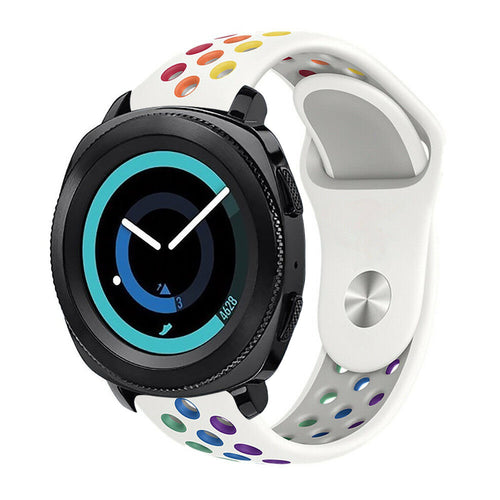 Silicone Sport Strap, white/colourful, on a watch, 3/4 front view