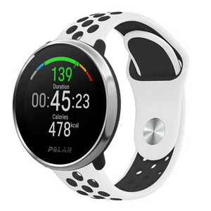 Silicone Sport Strap, white/black, on a watch, 3/4 front view