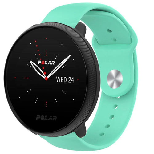 Silicone Sport Strap, aqua, on a watch, 3/4 front view