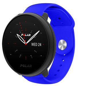 Silicone Sport Strap, blue, on a watch, 3/4 front view