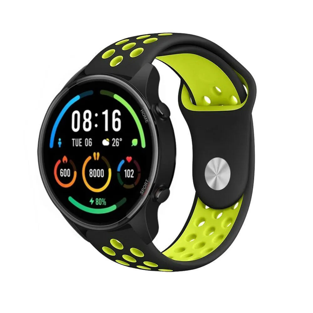 Silicone Sport Strap, black/yellow, on a watch, 3/4 front view