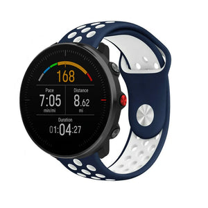 Silicone Sport Strap, blue/white, on a watch, 3/4 front view
