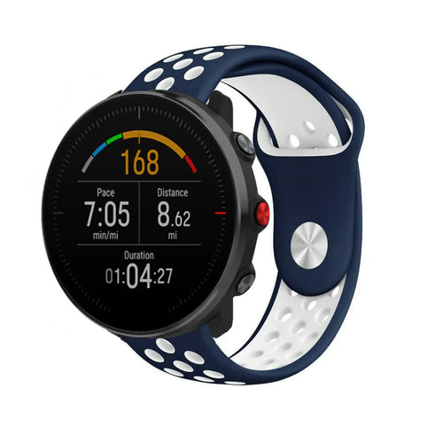 Silicone Sport Strap, blue/white, on a watch, 3/4 front view