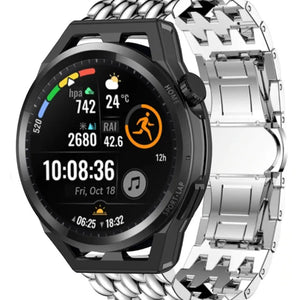 Steel Dragon Strap, silver, on a watch, 3/4 front view