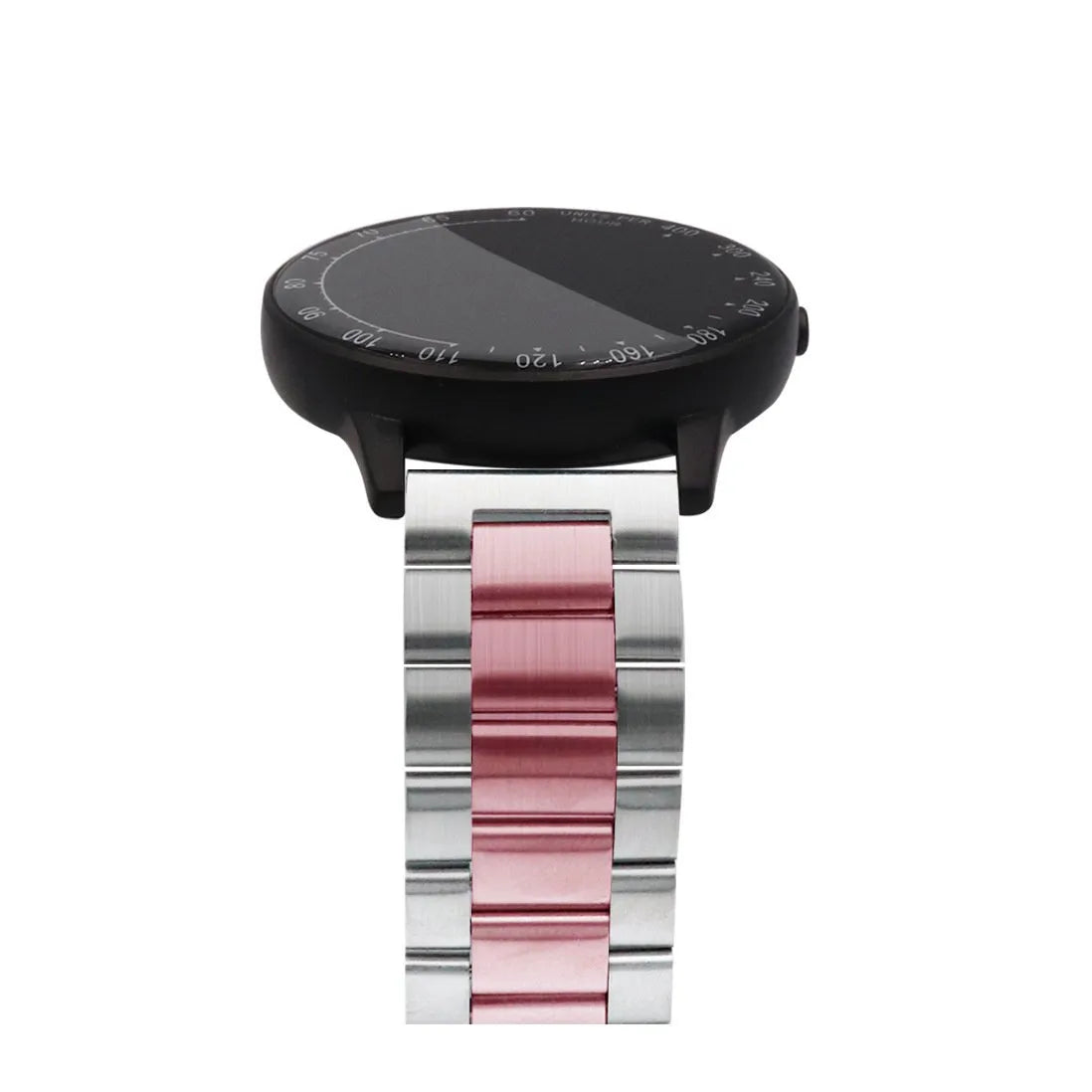 Steel Strap, silver/pink, on a watch, 3/4 front view