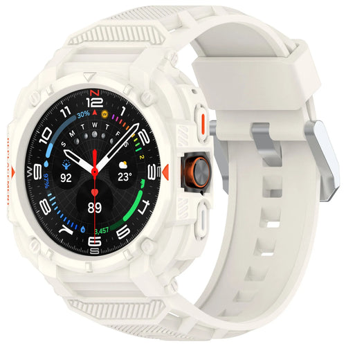 Silicone TPU Strap with Frame, ivory white, on a watch, 3/4 front view