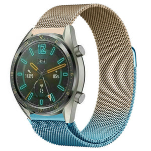 Milanese Strap, blue/gold, on a watch, 3/4 front view