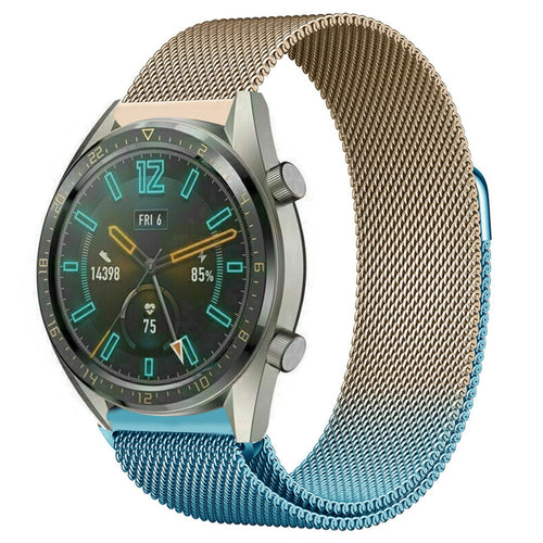 Milanese Strap, blue/gold, on a watch, 3/4 front view