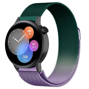 Milanese Strap, purple/green, on a watch, 3/4 front view