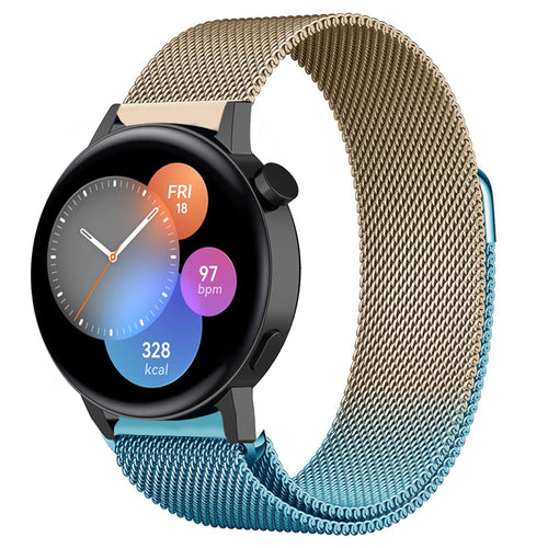 Milanese Strap, blue/gold, on a watch, 3/4 front view