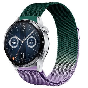 Milanese Strap, purple/green, on a watch, 3/4 front view