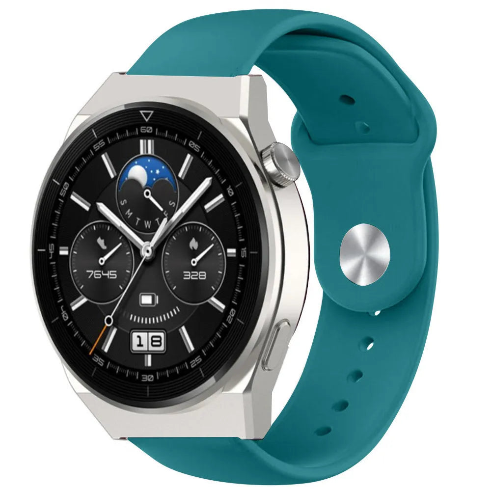 Silicone Sport Strap, green-blue, on a watch, 3/4 front view