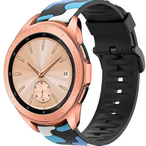 Silicone Camo Strap, blue, on a watch, 3/4 front view