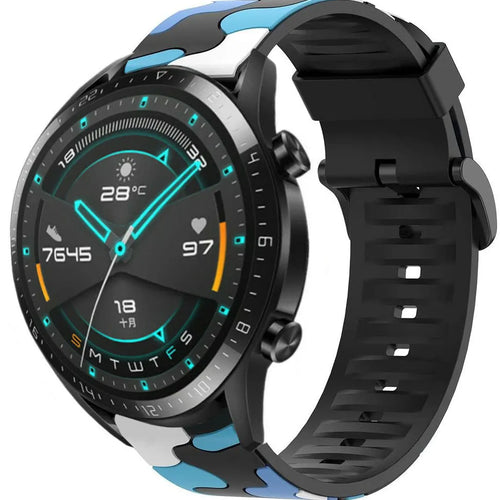 Silicone Camo Strap, blue, on a watch, 3/4 front view