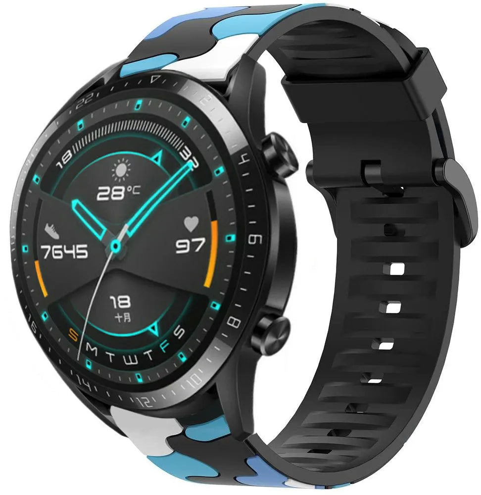 Silicone Camo Strap, blue, on a watch, 3/4 front view