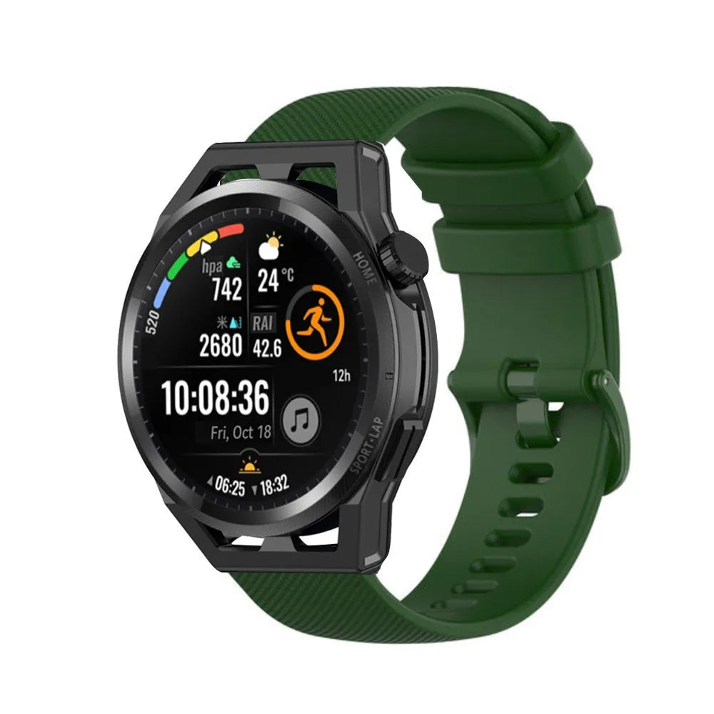 Premium Silicone Strap, army green, on a watch, 3/4 front view