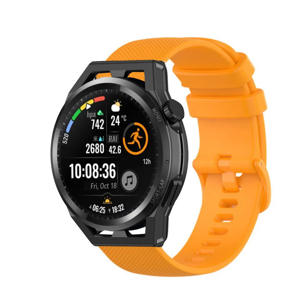 Premium Silicone Strap, orange, on a watch, 3/4 front view