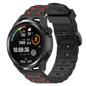Silicone Sport Strap with Buckle, black/red, on a watch, 3/4 front view