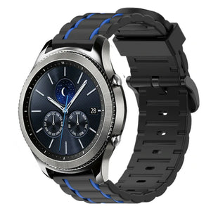 Silicone Sport Strap with Buckle, black/blue, on a watch, 3/4 front view