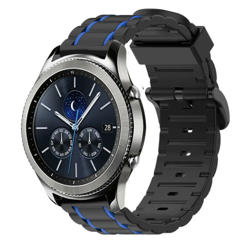 Silicone Sport Strap with Buckle, black/blue, on a watch, 3/4 front view