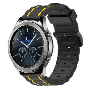 Silicone Sport Strap with Buckle, black/yellow, on a watch, 3/4 front view
