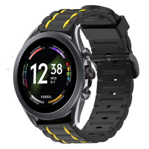 Silicone Sport Strap with Buckle, black/yellow, on a watch, 3/4 front view