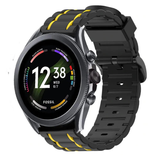 Silicone Sport Strap with Buckle, black/yellow, on a watch, 3/4 front view