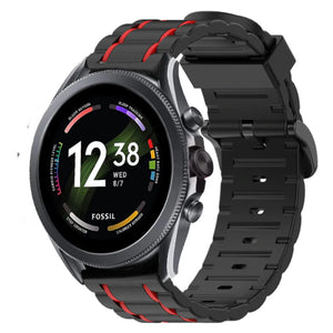 Silicone Sport Strap with Buckle, black/red, on a watch, 3/4 front view