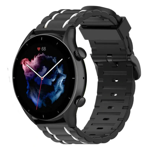 Silicone Sport Strap with Buckle, black/white, on a watch, 3/4 front view