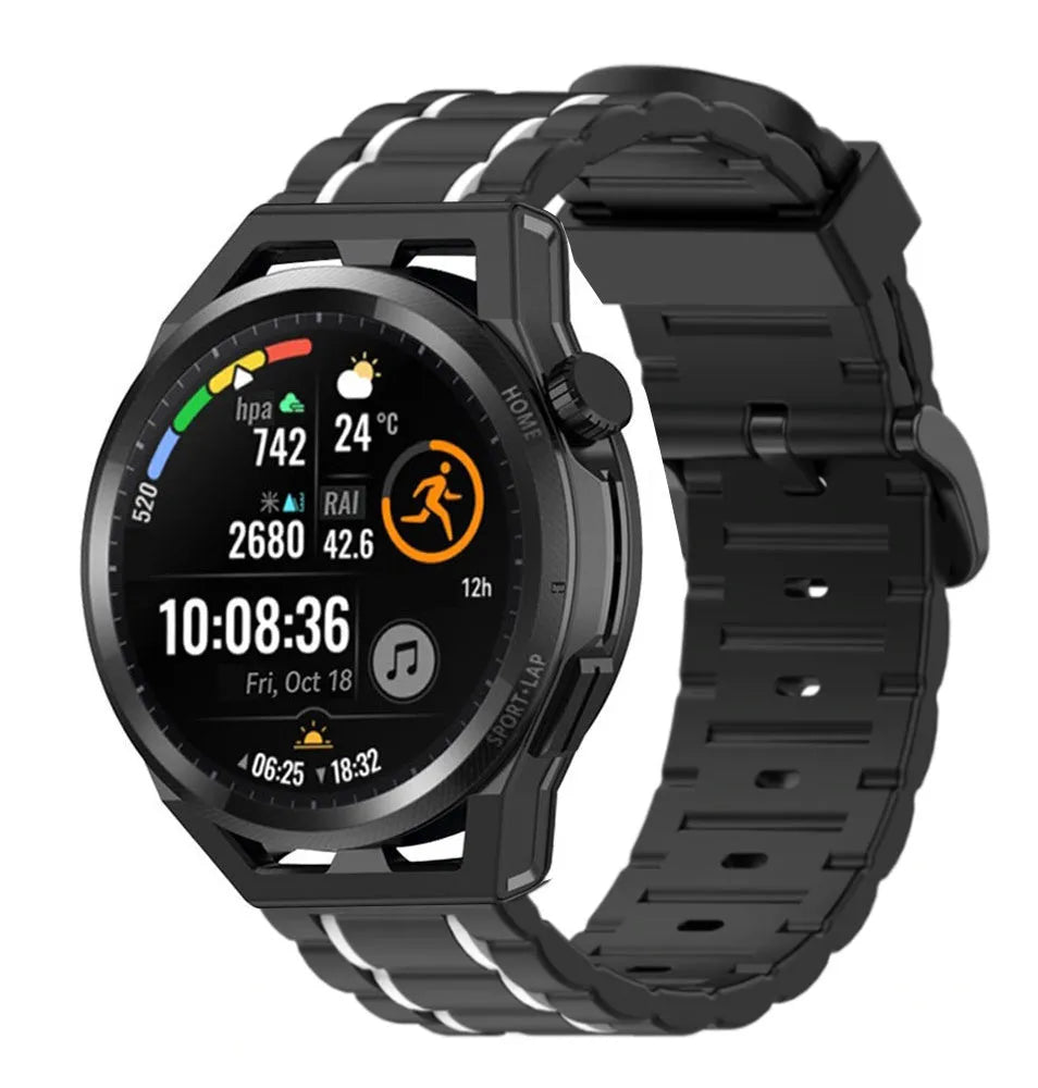 Silicone Sport Strap with Buckle, black/white, on a watch, 3/4 front view